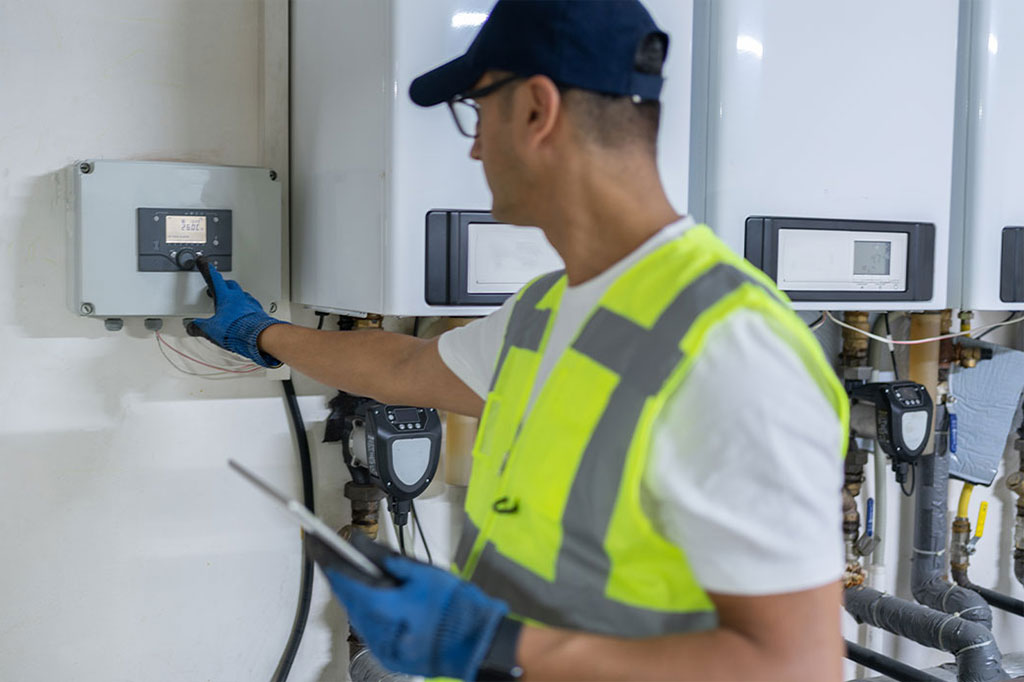 Energetisch sanieren: Ein Mann in gelber Weste bedient eine Heizungsanlage